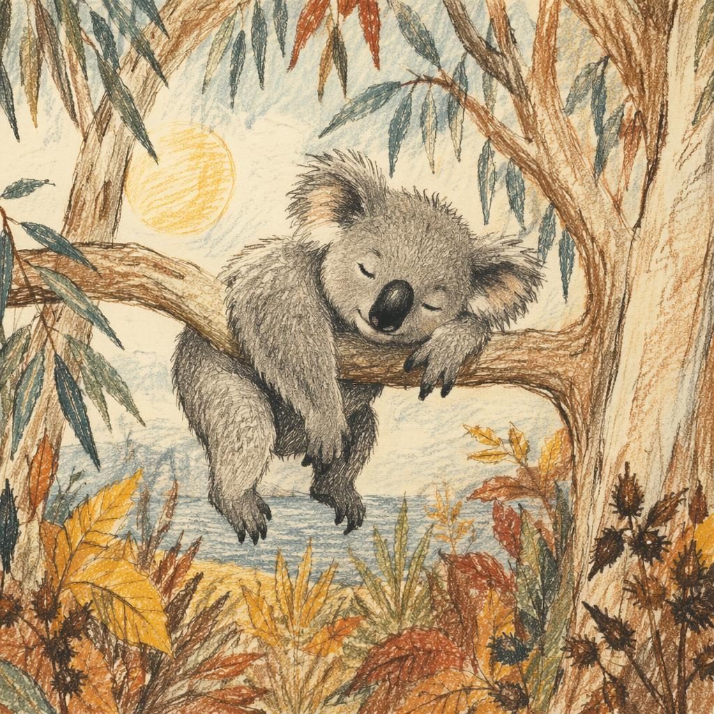 Hand-drawn crayon-style koala napping in a eucalyptus tree with warm autumn colors and playful storybook lighting.