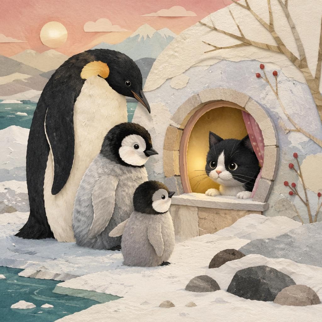 Children's book illustration of two penguin polar friends in a soft pastel paper-cut collage, calm and warmly lit.