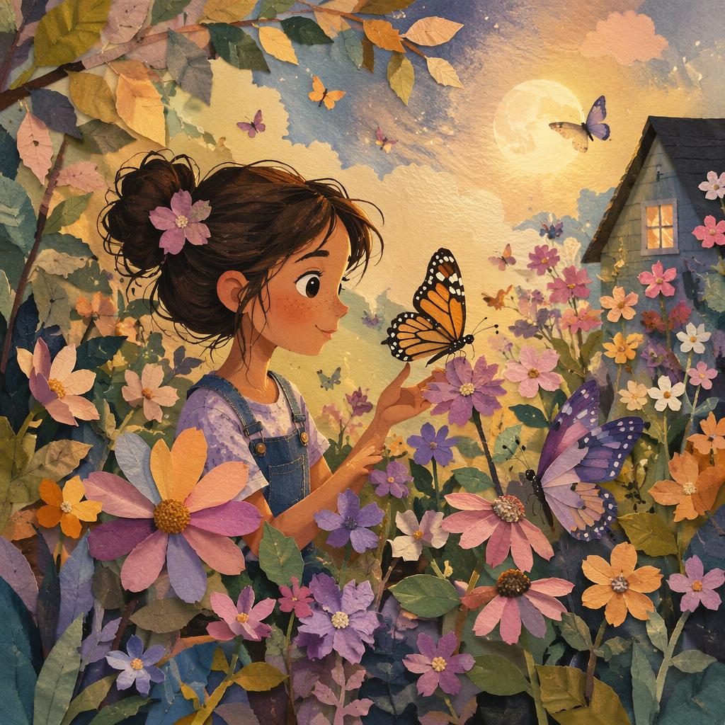 Kinderbuch-Illustration eines blühenden Schmetterlingsgartens im Collage-Papierschnitt mit Pastellfarben