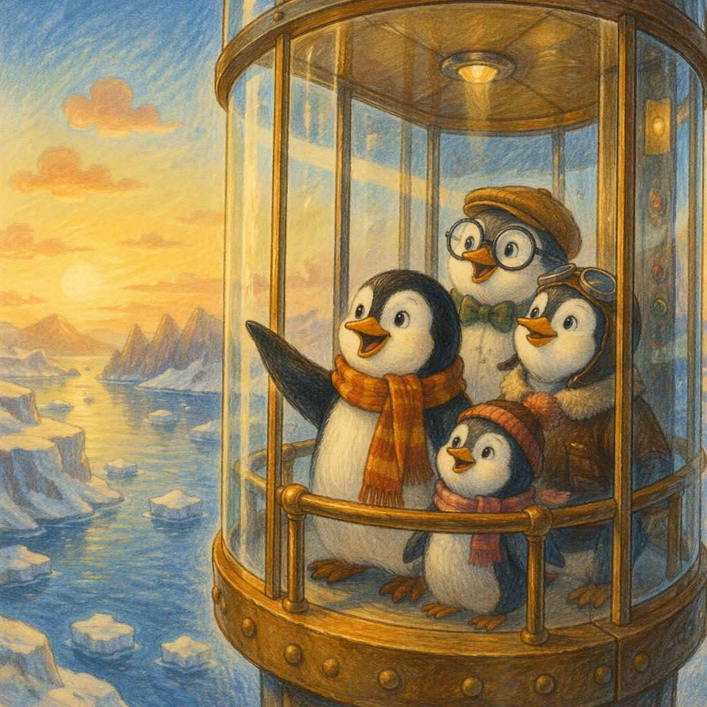 Crayon-style children's book illustration of friendly penguin polar friends in an autumn earth-tone scene with warm light.