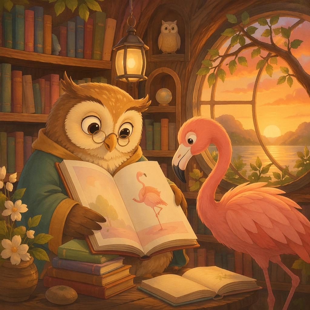 Cute owl in a cozy library at sunset, surrounded by books in a warm Ghibli-inspired board book illustration