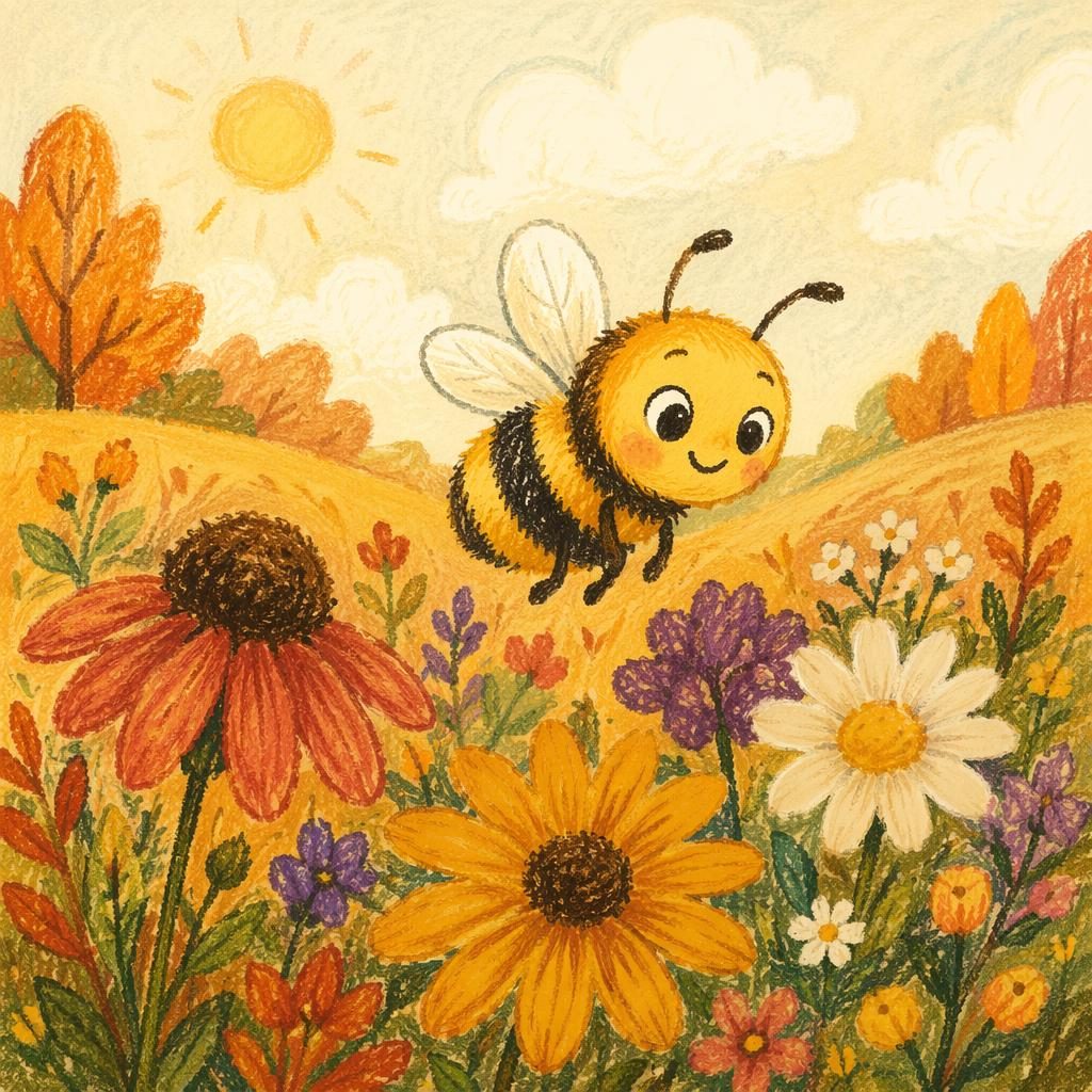 Hand-drawn crayon-style bee flying through autumn meadow flowers in a warm, brave board book scene for toddlers.