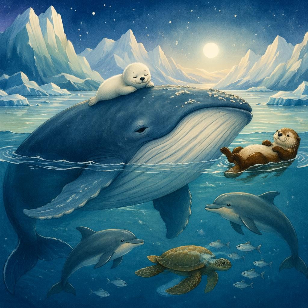 Vintage 1950s-style children's book illustration of friendly whales in an icy blue ocean with cozy bedtime lighting.
