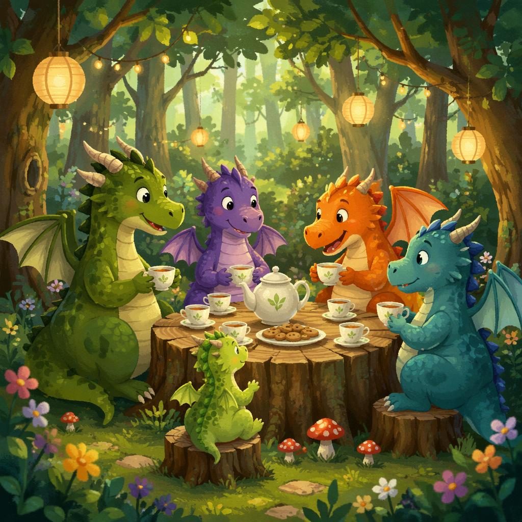 Cute children's book illustration of friendly dragons having a tea party in a green forest with warm storybook lighting.