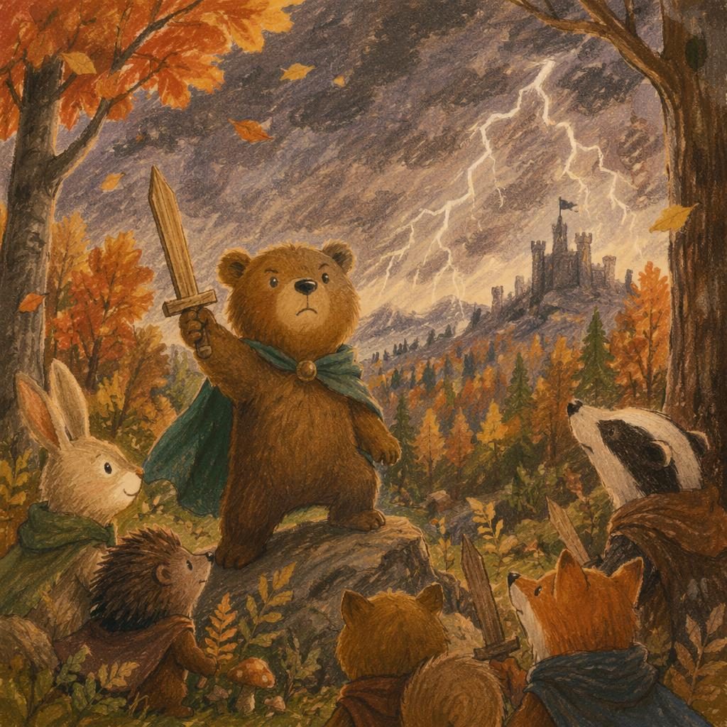 Hand-drawn crayon-style children's illustration of a sleepy bear in an autumn forest with warm light and a brave mood.