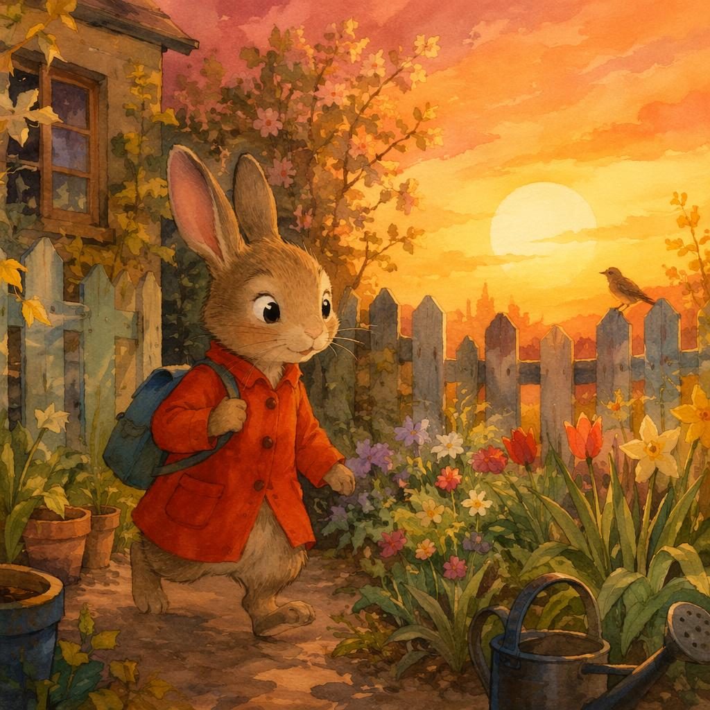 Children's book illustration of a rabbit exploring a glowing garden at sunset in a warm Ghibli-inspired storybook style.