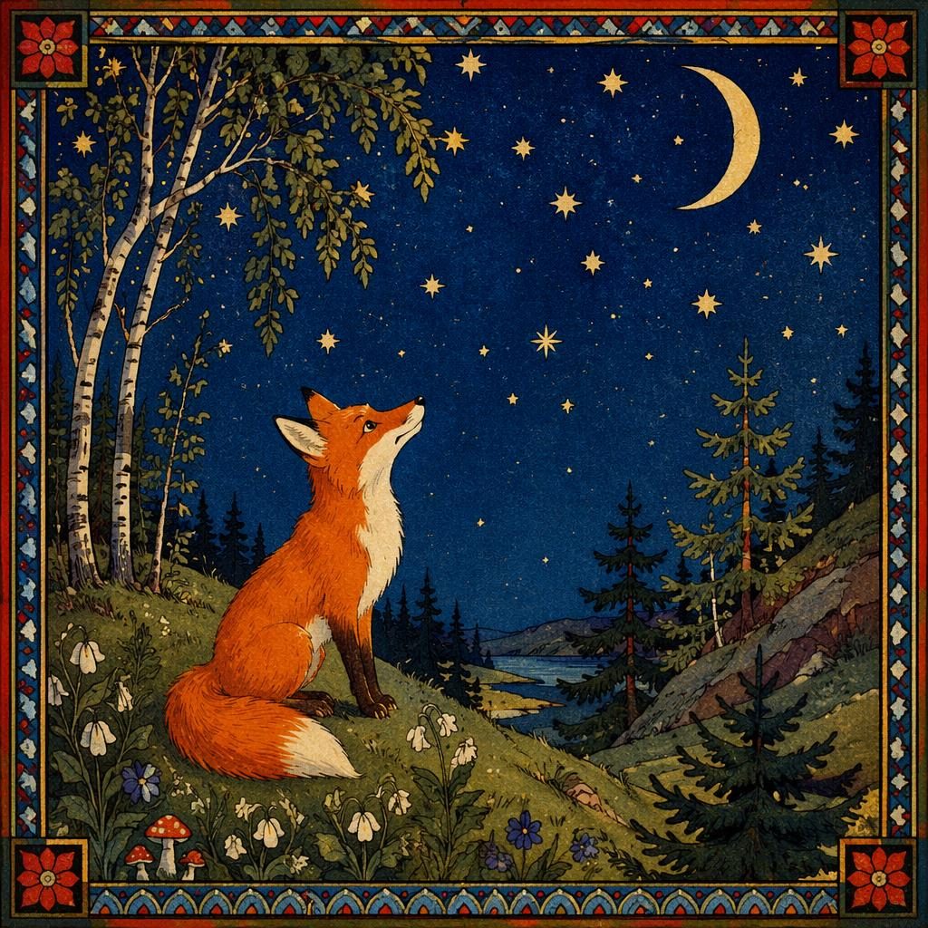 Illustration jeunesse d’un renard curieux sous un ciel nocturne étoilé, palette primaire vive et ambiance rétro magique