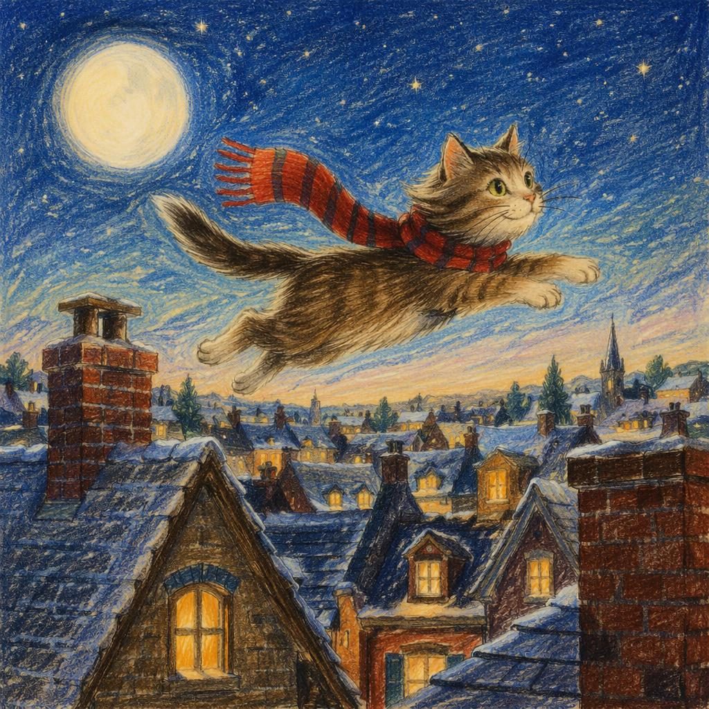 Hand-drawn crayon-style cat leaping over autumn rooftops at night in warm storybook lighting for a children's book