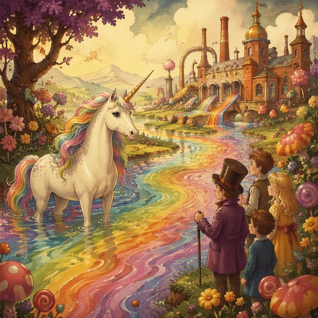 A storybook unicorn stands by a rainbow river in a warm vintage landscape with soft lighting and adventurous charm.