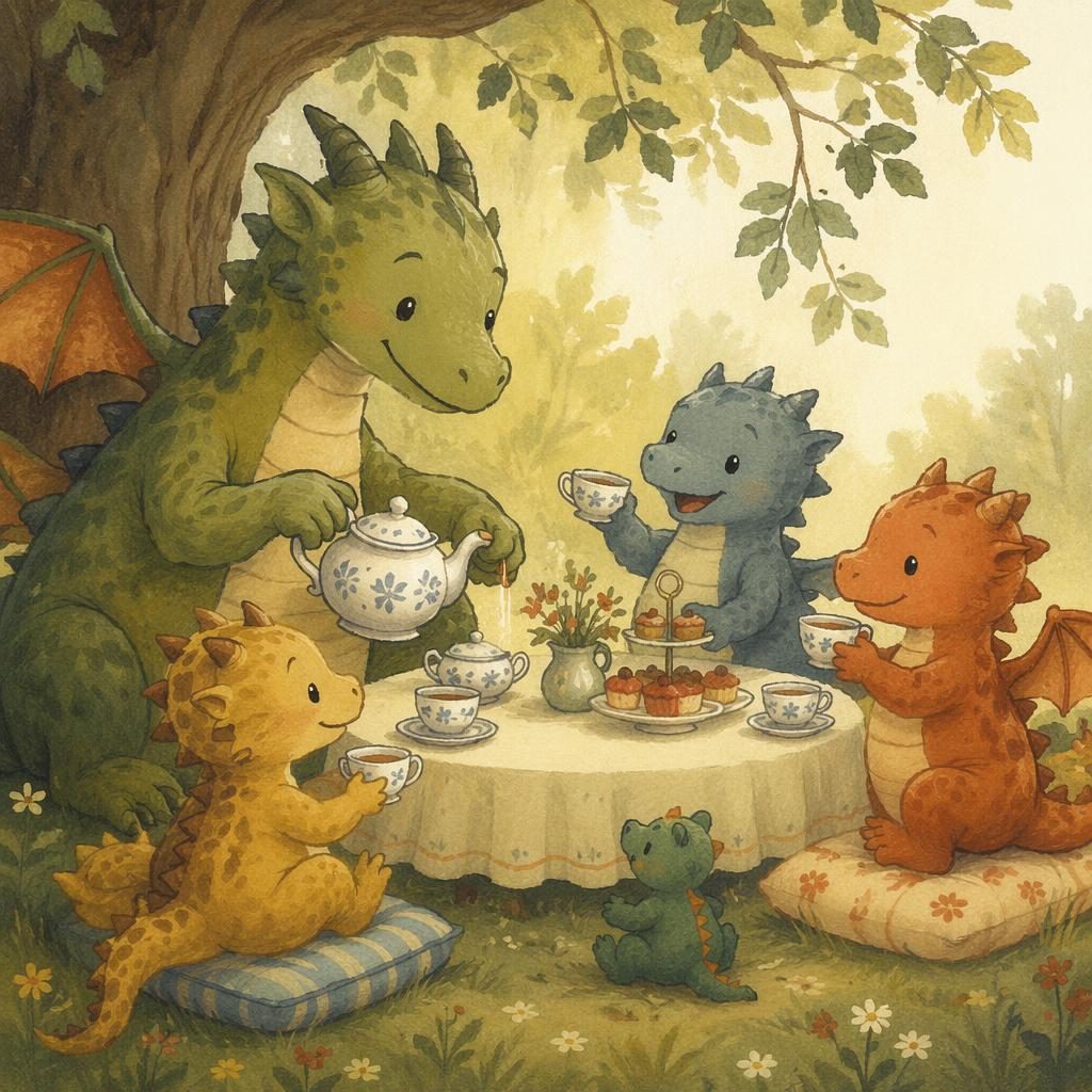 Children's book illustration of friendly dragons having a tea party in a cozy storybook setting with soft vintage colors