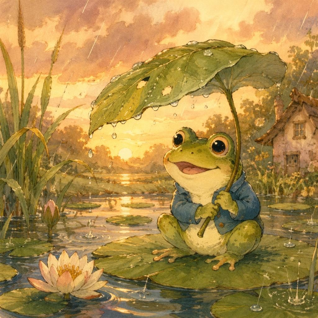 Children's book illustration of a playful frog by a rainy pond at sunset in a warm Ghibli-inspired storybook style.