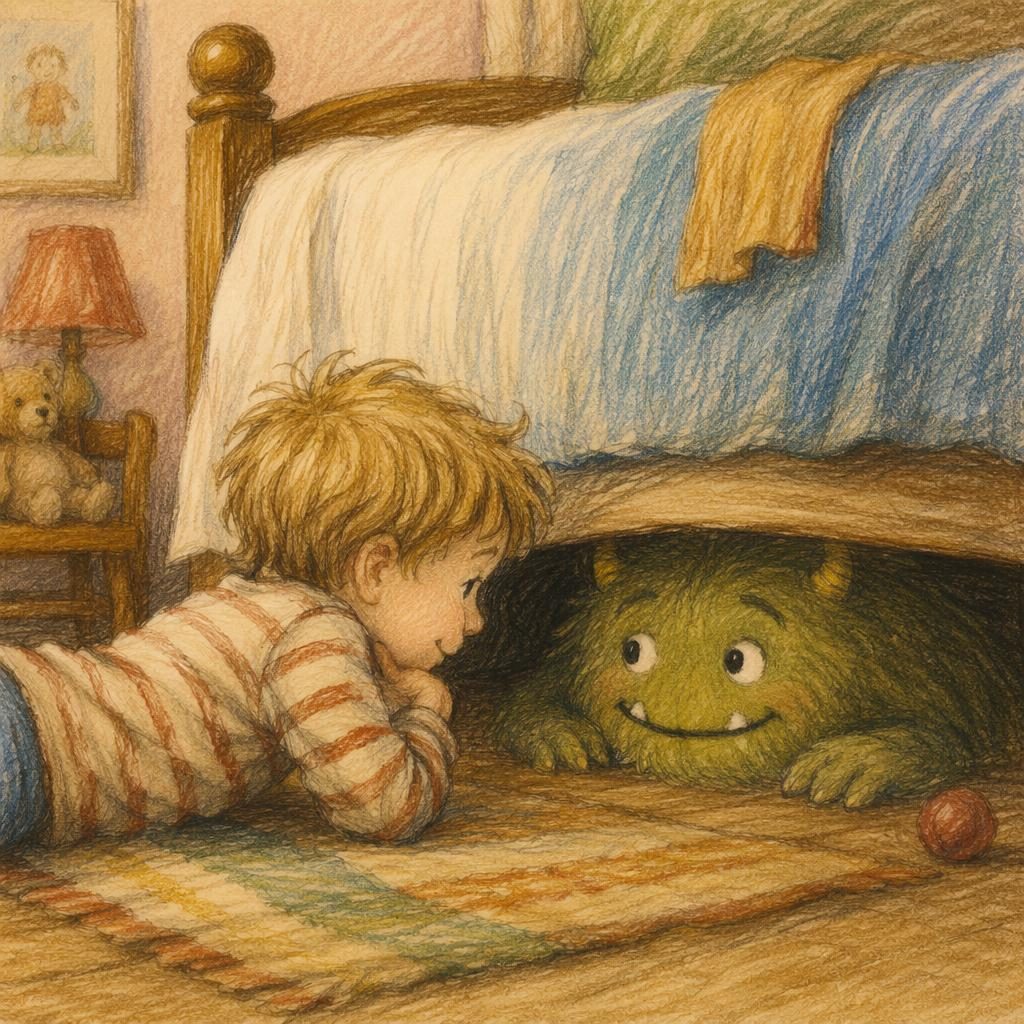 Crayon-style children's illustration of a friendly monster under a bed in a cozy room, warm autumn colors and playful mood.