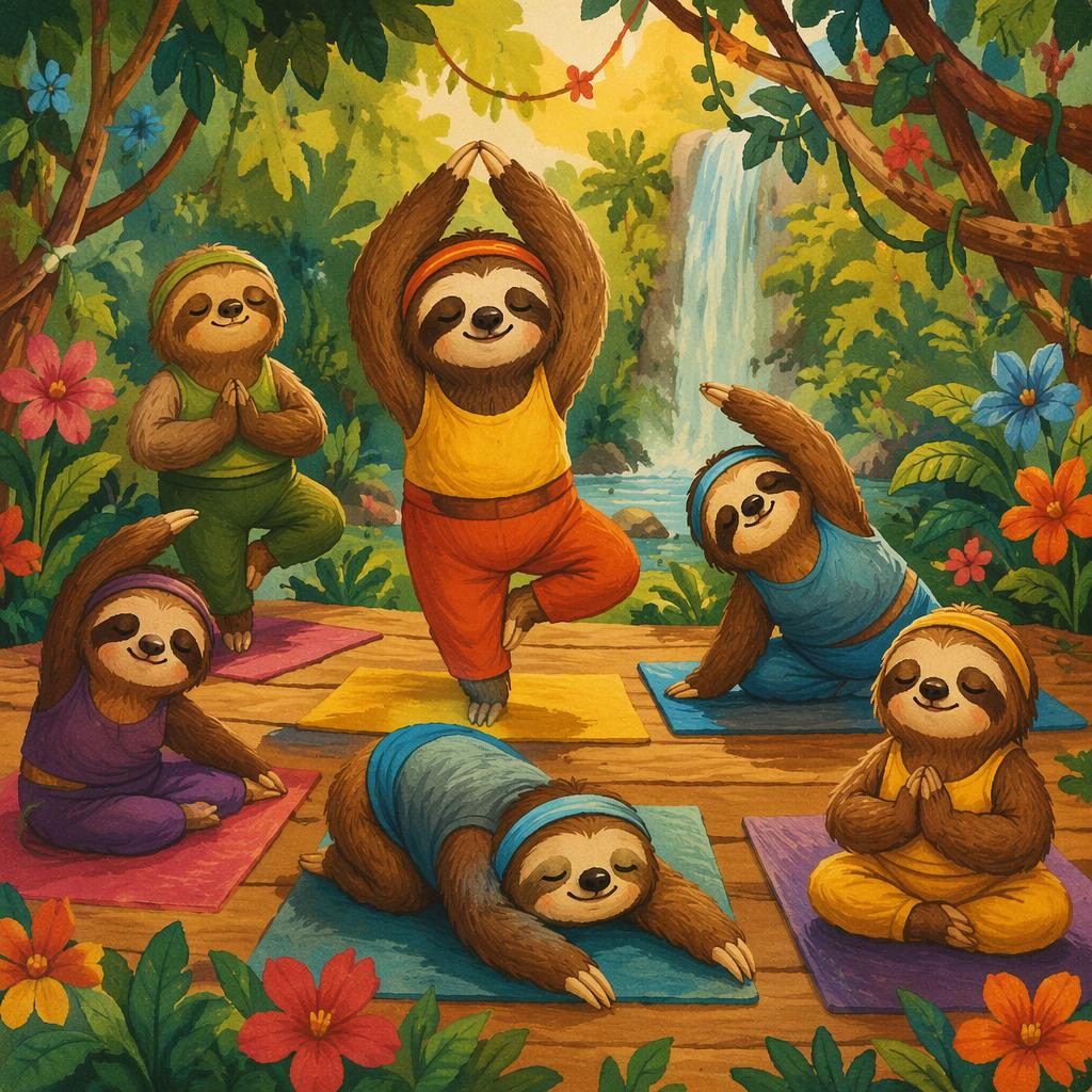Ilustración infantil de un perezoso haciendo yoga en la selva, estilo retro de los años 70, colores primarios y luz cálida.
