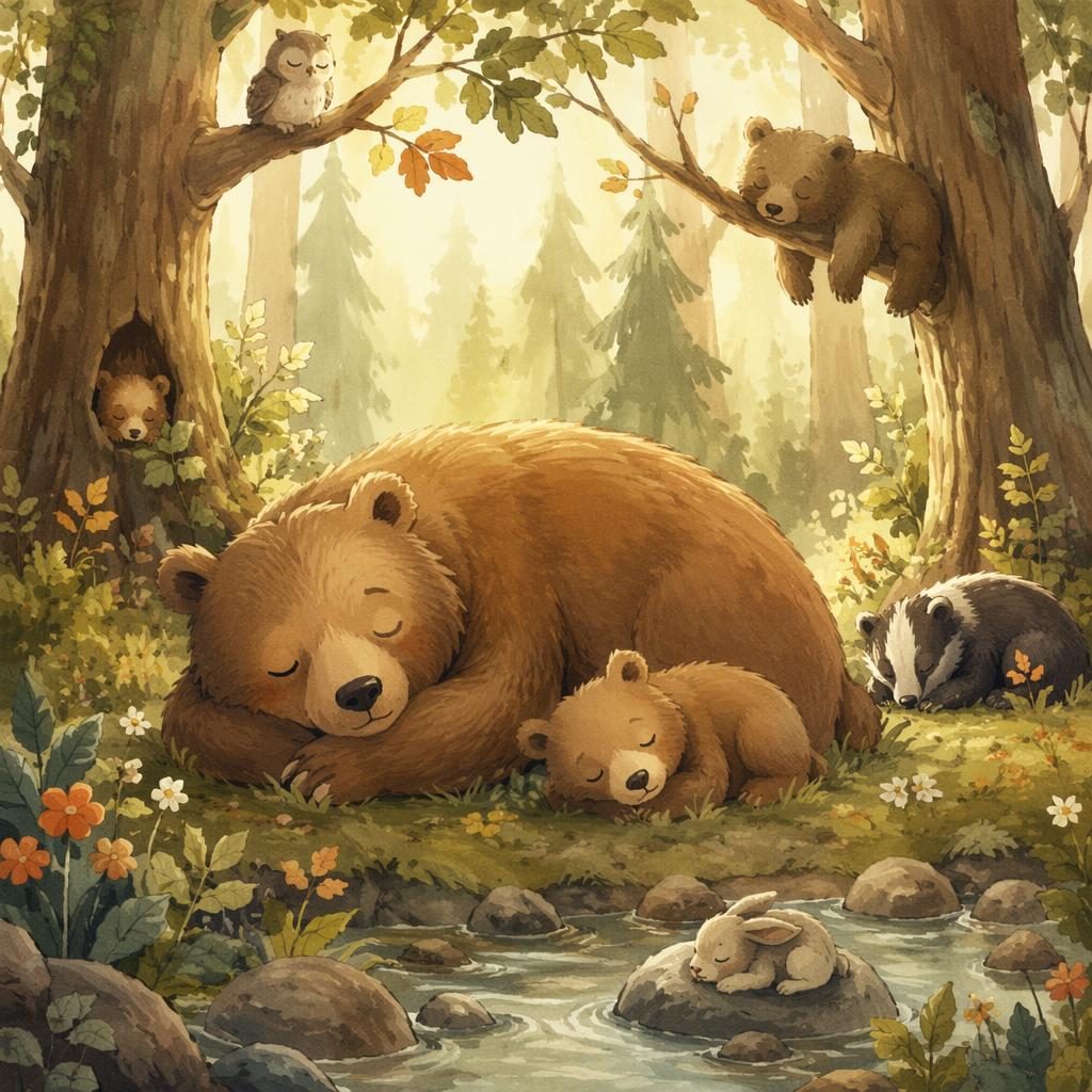 Ilustración infantil de un oso dormilón en un bosque tranquilo, con luz cálida, estilo clásico y paleta vintage suave.