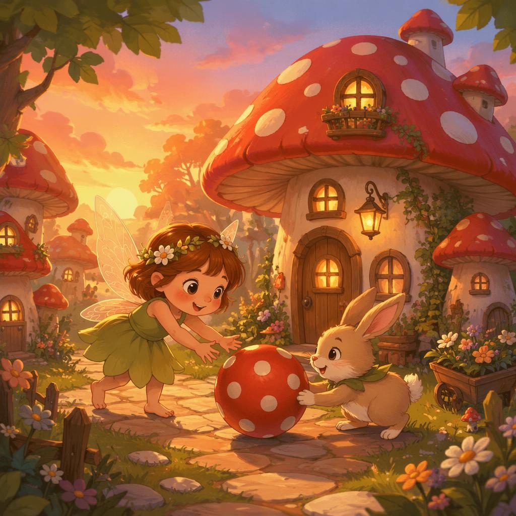 Heroic fairy mushroom village at sunset in a gentle Ghibli-inspired board book style for toddlers, warm and family-friendly.
