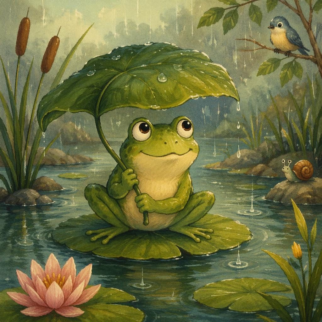 Ilustración de una rana junto a un estanque bajo la lluvia, estilo clásico infantil y paleta vintage suave.
