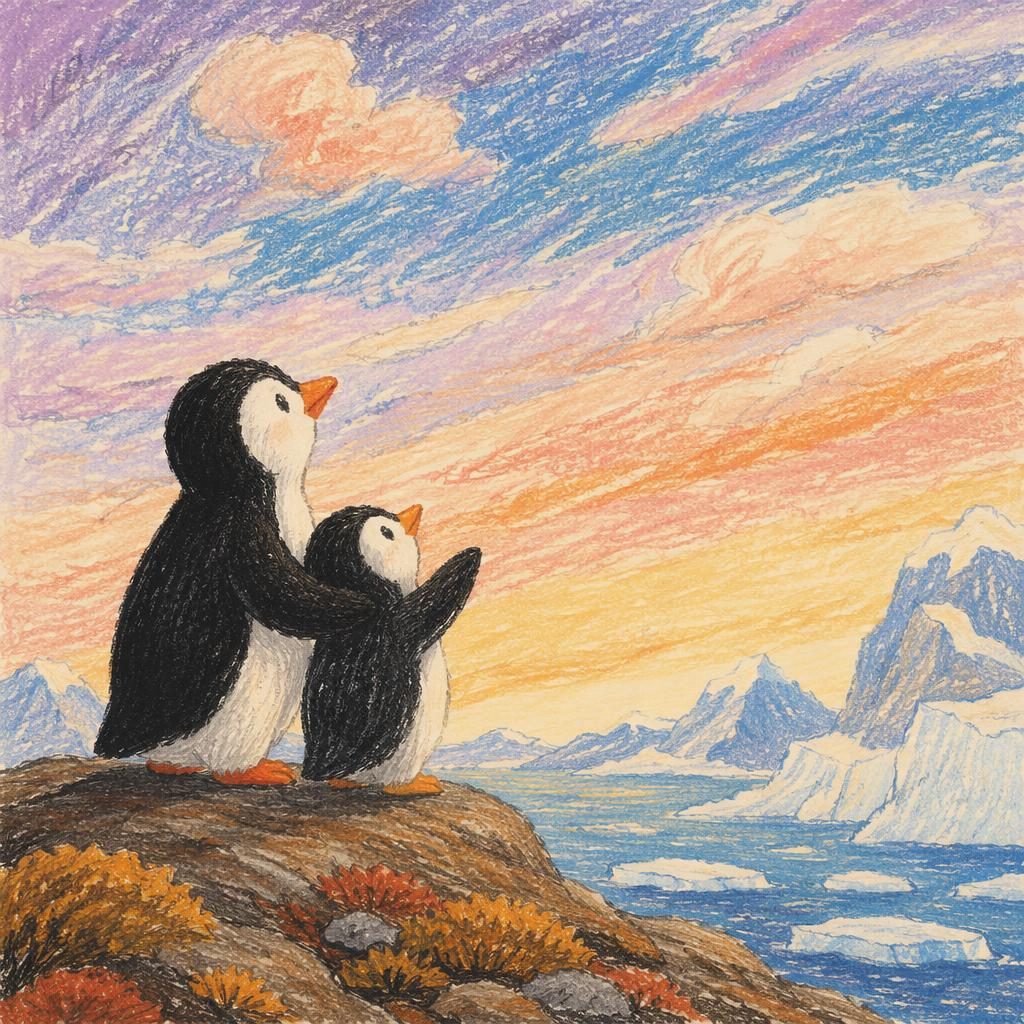 Crayon-style children's book illustration of playful penguin polar friends in warm autumn tones with soft storybook light.