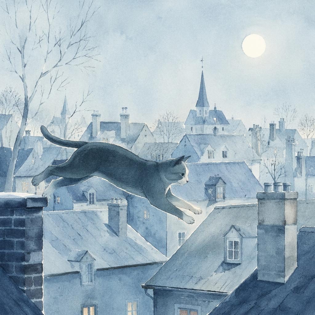 Vintage-style children's book illustration of a cat walking over snowy rooftops in an ice blue winter scene.