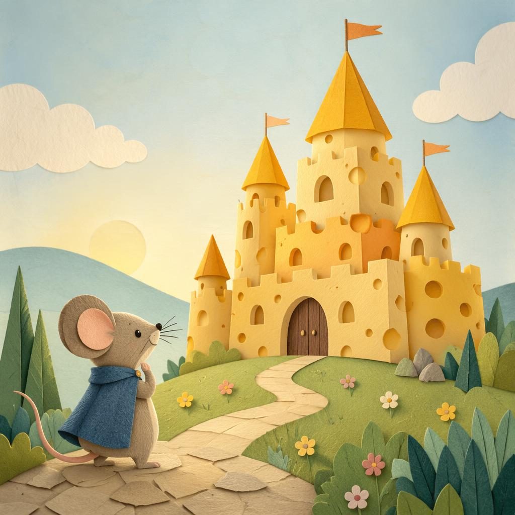 Paper-cut style illustration of a small mouse by a cheese castle in soft pastel colors with warm storybook lighting.