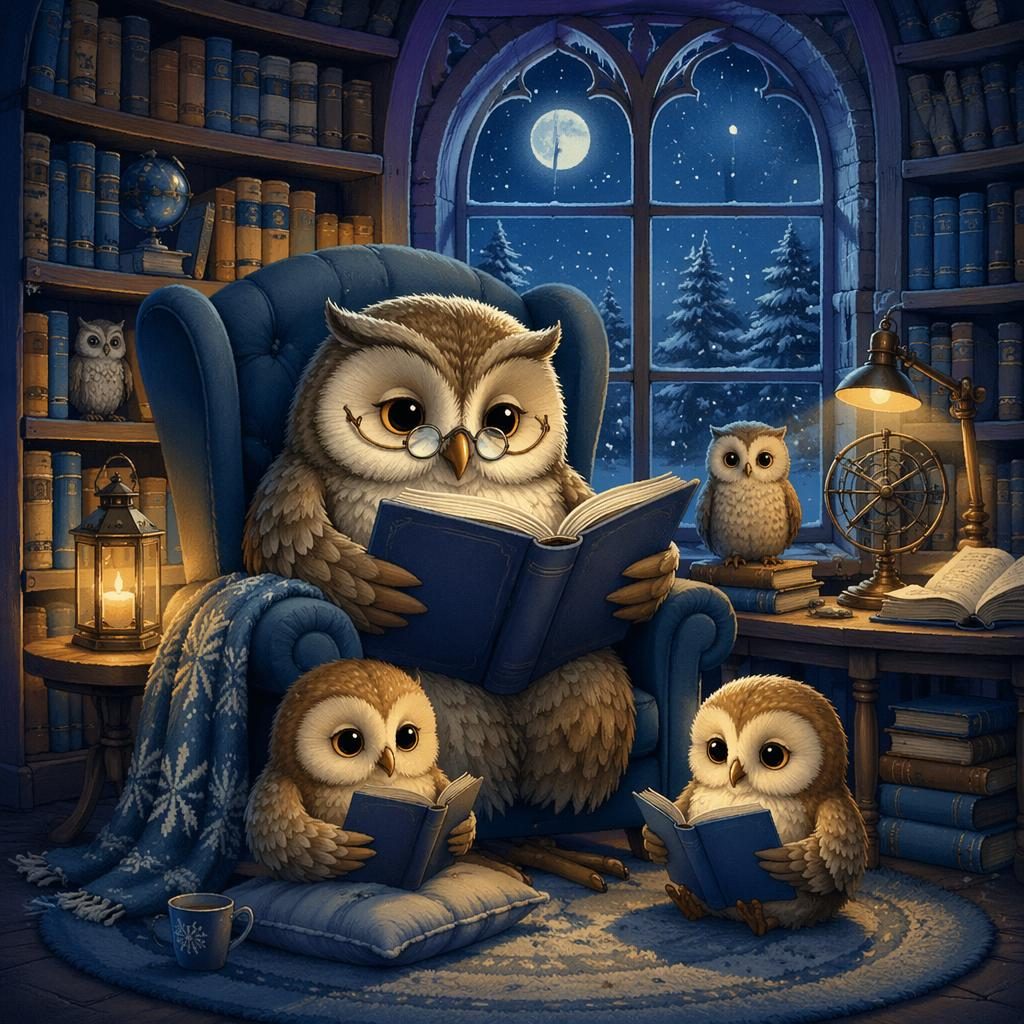 Gemütliche Eule in einer winterlich blau getönten Bibliothek mit warmem Licht, vintage Kinderbuchillustration