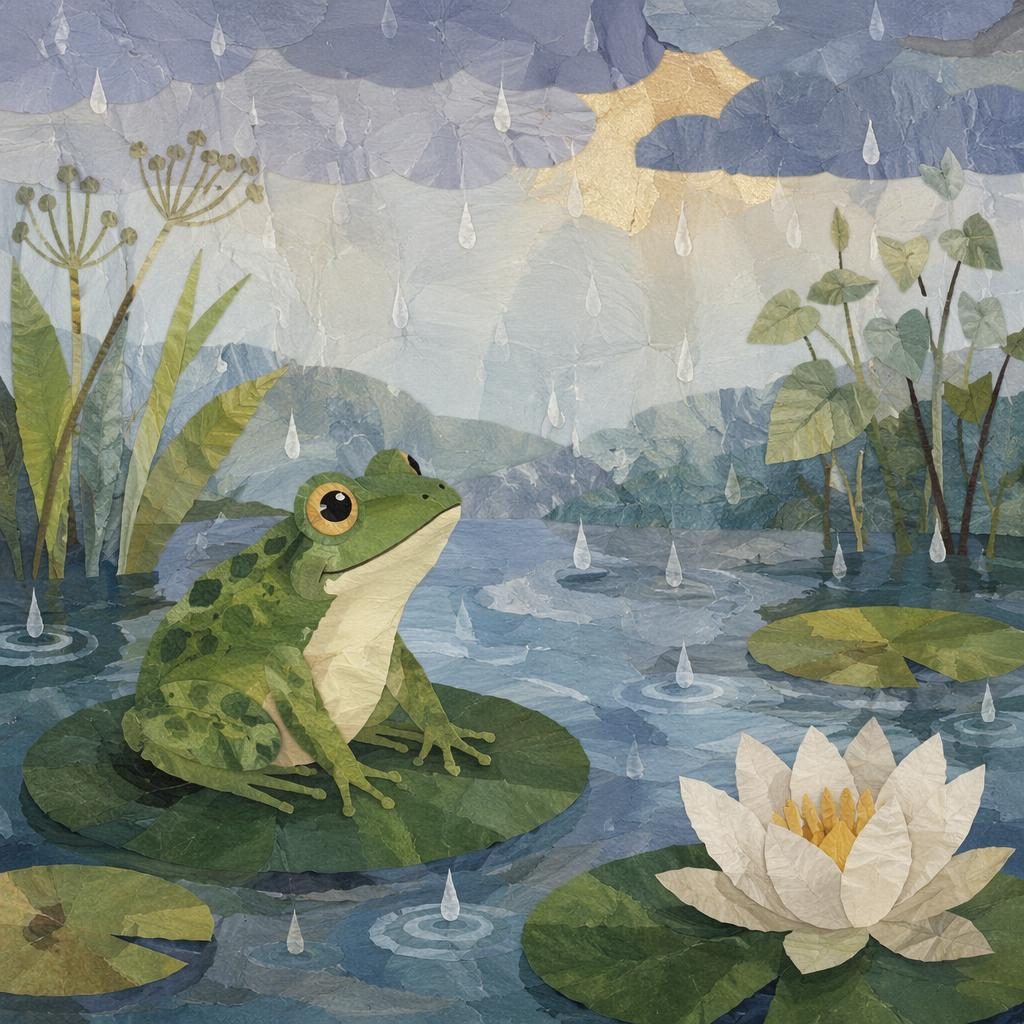 Collage-style frog by a rainy pond in soft pastel colors, with gentle storybook lighting for toddlers.