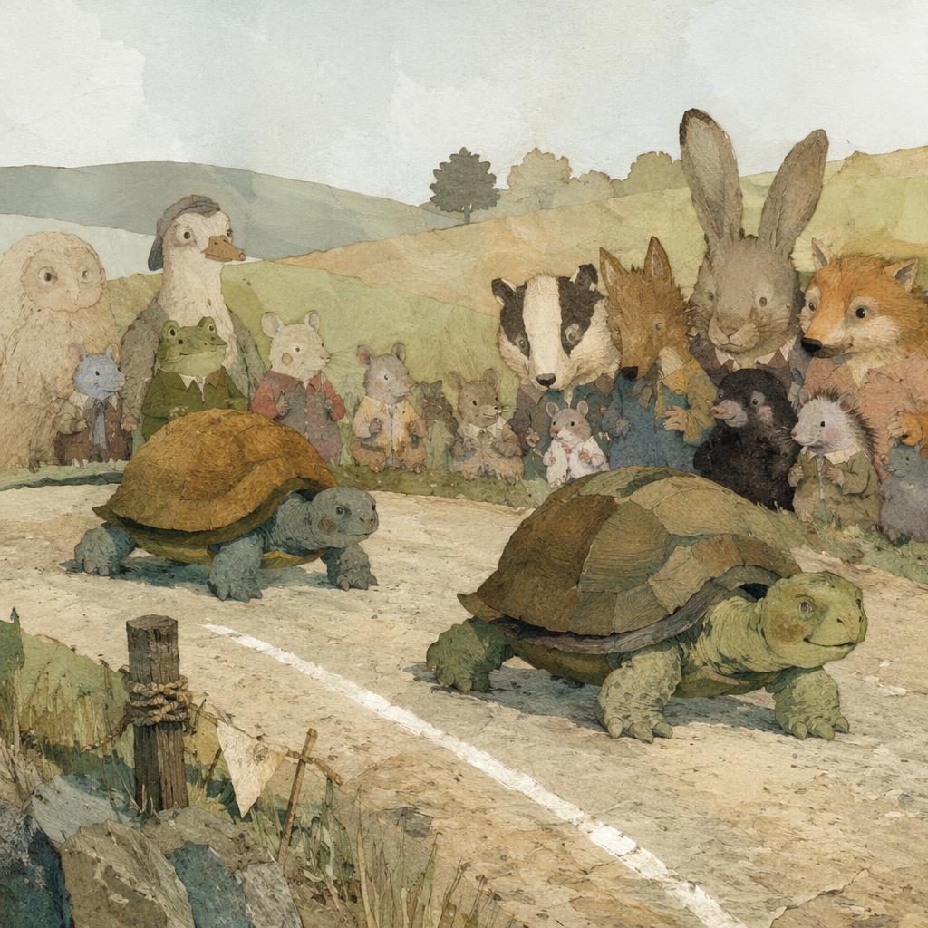 Paper-cut collage illustration of a turtle in a slow race, with soft pastel colors and cozy bedtime storybook lighting.
