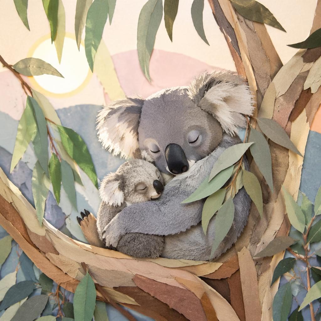 Paper-cut style koala sleeping in a eucalyptus tree, soft pastel collage, warm storybook light, calm adult-friendly mood