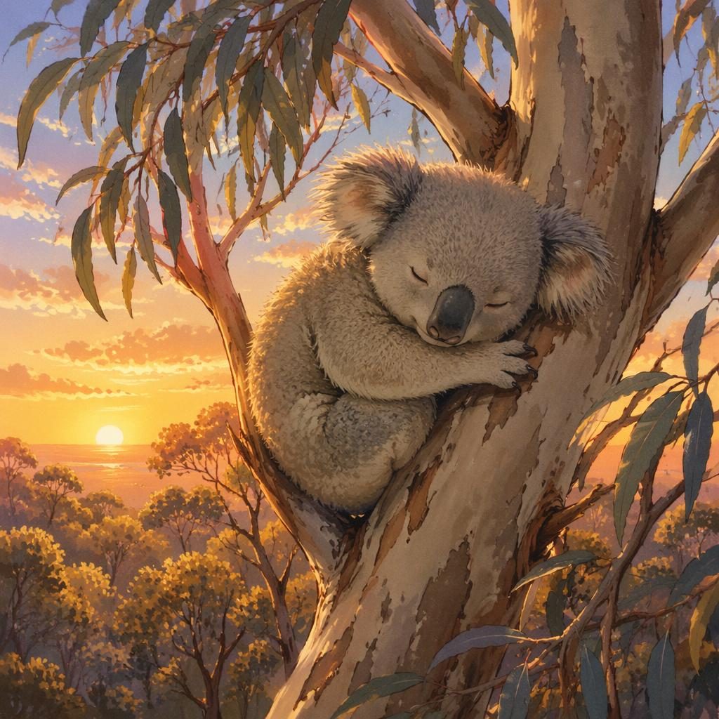 Children's book illustration of a koala napping in eucalyptus branches at sunset, with warm storybook lighting.