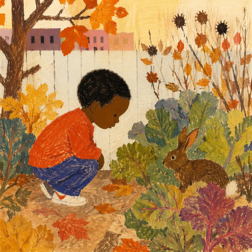 Hand-drawn crayon illustration of a playful rabbit exploring an autumn garden with warm storybook light.