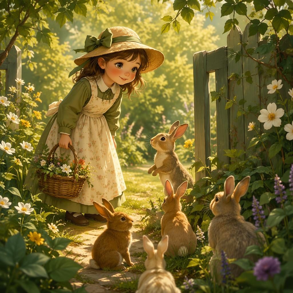 Cute rabbit exploring a lush garden path with flowers and greenery in a warm, storybook-style illustration