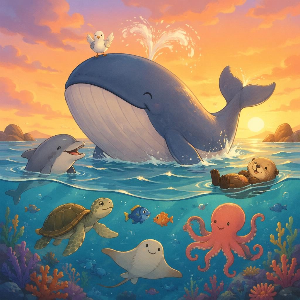 Ilustración infantil de una ballena con amigos del océano al atardecer, estilo japonés tierno y paleta cálida.