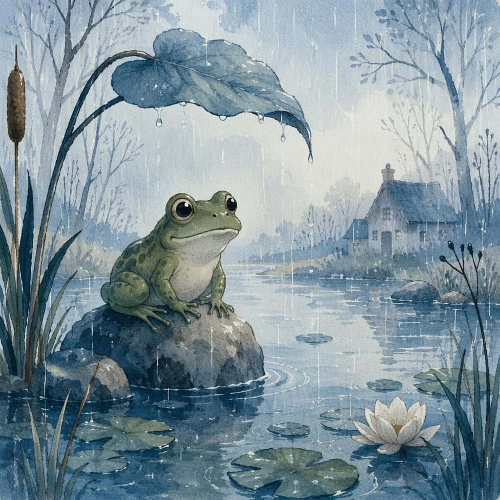 Ilustración infantil vintage de una rana junto a un estanque lluvioso, en tonos azul hielo y ambiente tranquilo.