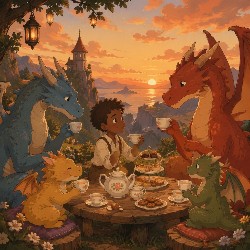 Ghibli-inspired children's book illustration of friendly dragons having a tea party at sunset with warm storybook lighting.