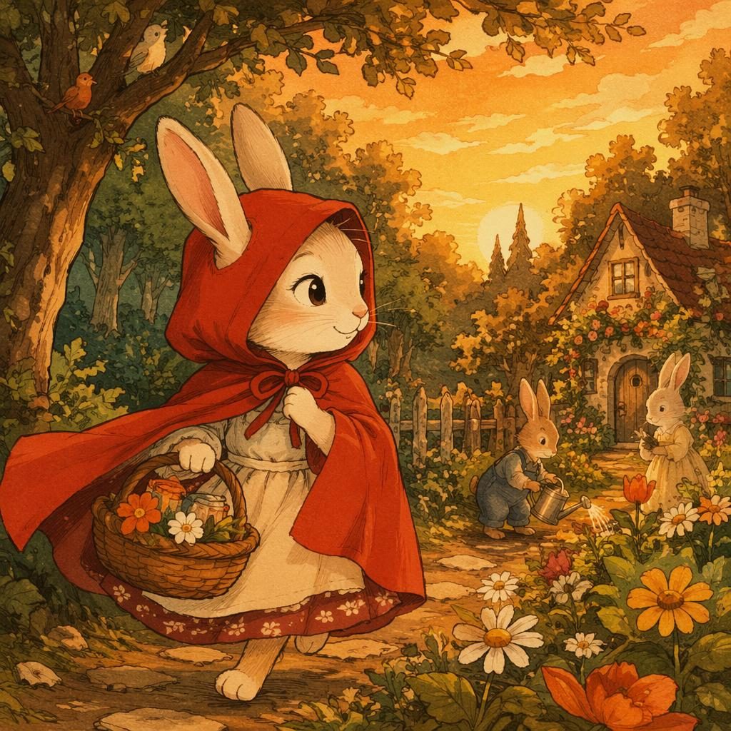 Ilustración infantil de un conejo valiente en una aventura por el jardín, con luz cálida de atardecer y estilo japonés