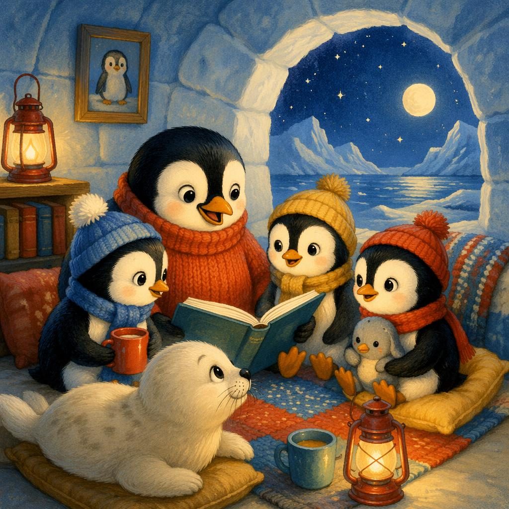 Ilustración infantil retro de dos amigos pingüinos polares en escena acogedora nocturna con paleta primaria brillante
