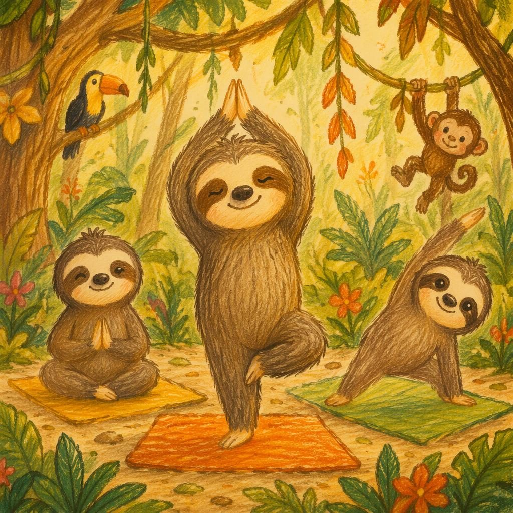 Ilustración infantil de una pereza haciendo yoga en la jungla, estilo crayón, tonos otoñales y luz cálida.