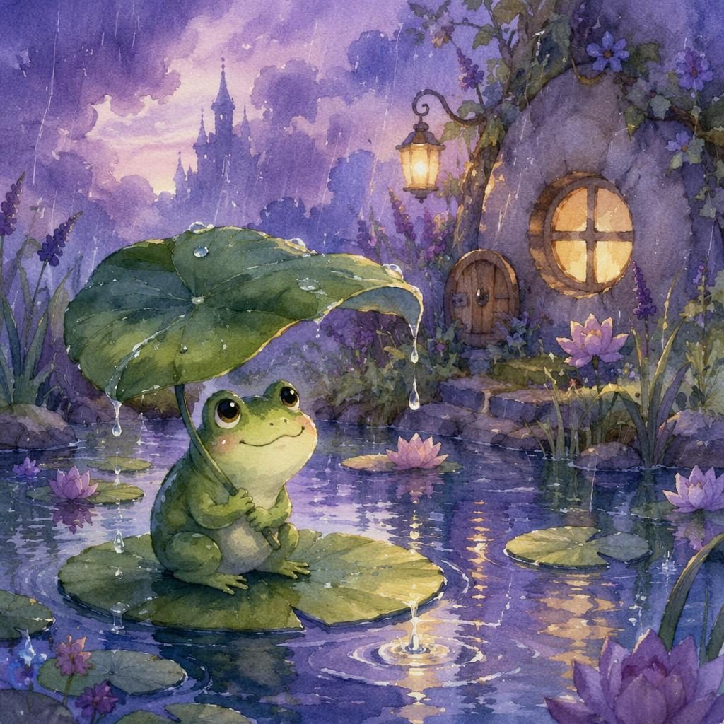 Illustration aquarelle d’une grenouille au bord d’un étang pluvieux, palette lavande, ambiance douce et rêveuse.
