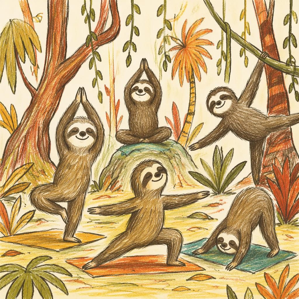 Hand-drawn crayon-style sloth doing yoga in a warm autumn jungle, with playful trees and a silly storybook mood.