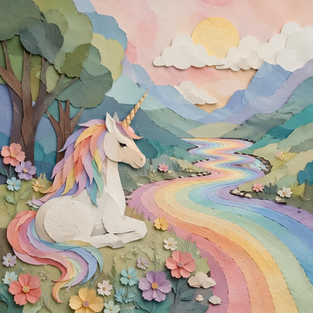 Paper-cut style unicorn by a rainbow river in soft pastel light, calm storybook scene for an adult-friendly children's book