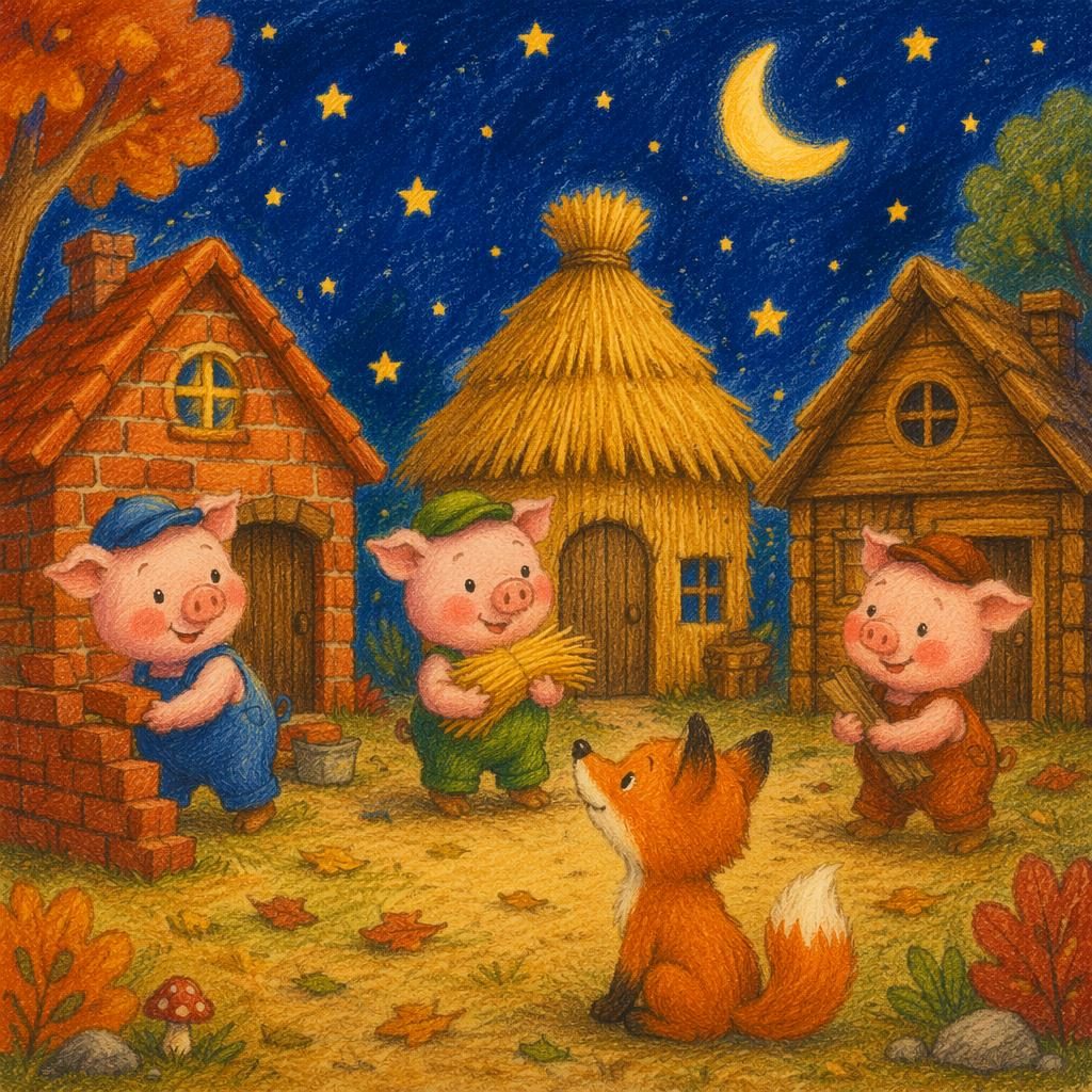 Ilustración infantil de un zorro curioso bajo un cielo nocturno, estilo crayón, colores otoñales y luz cálida