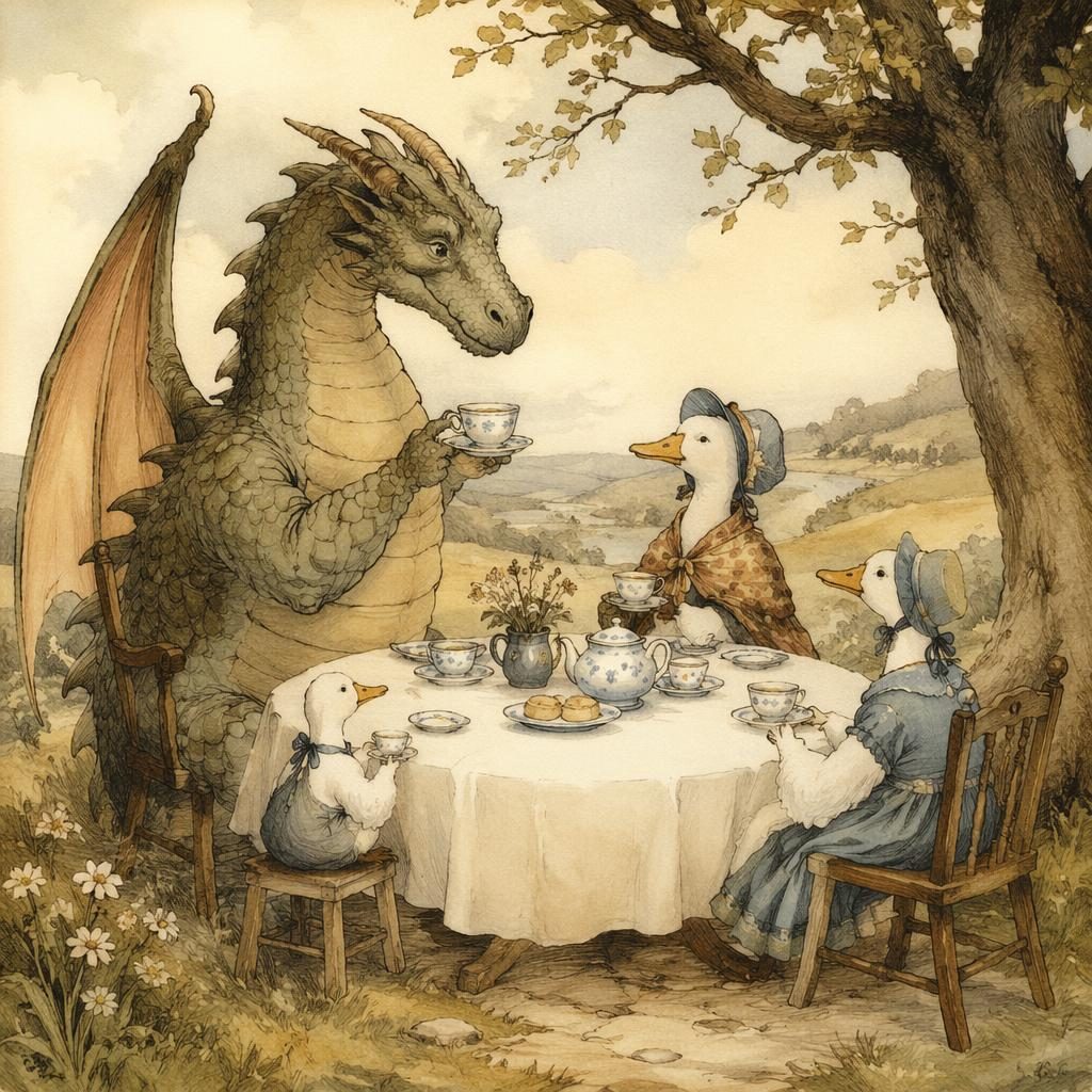 Children's book illustration of friendly dragons having a tea party in warm vintage light with muted colors.