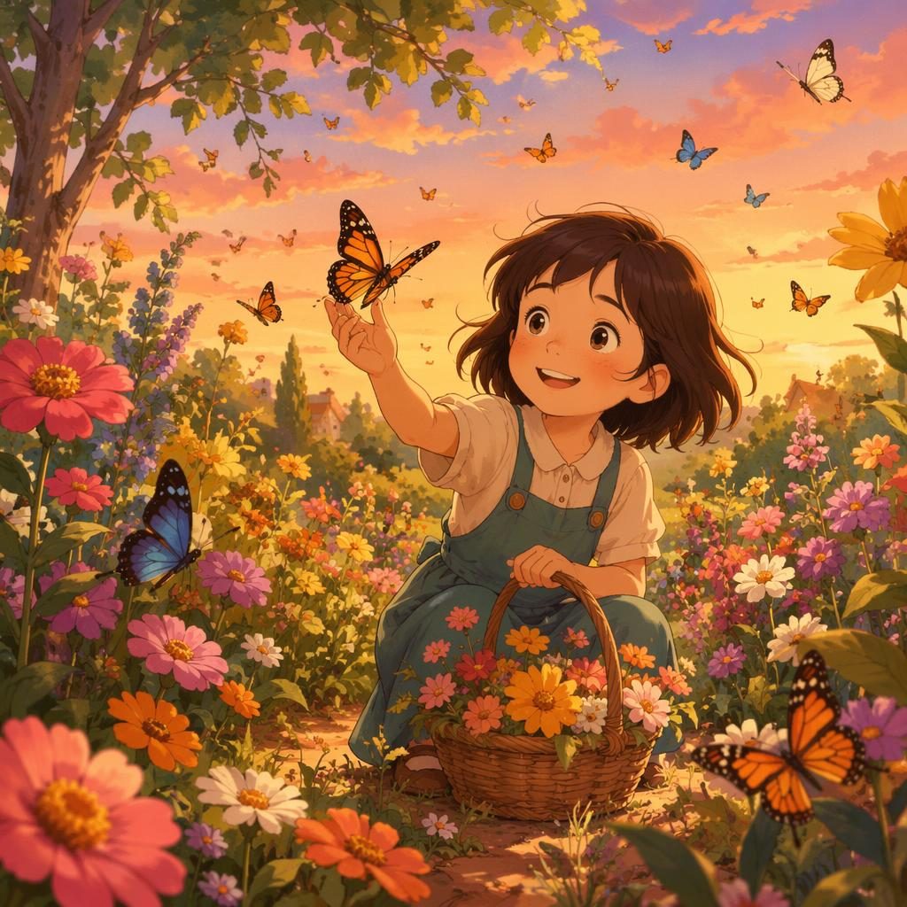 Kinderbuchszene mit blühendem Schmetterlingsgarten, warmem Sonnenuntergang und märchenhafter Ghibli-inspirierter Stimmung