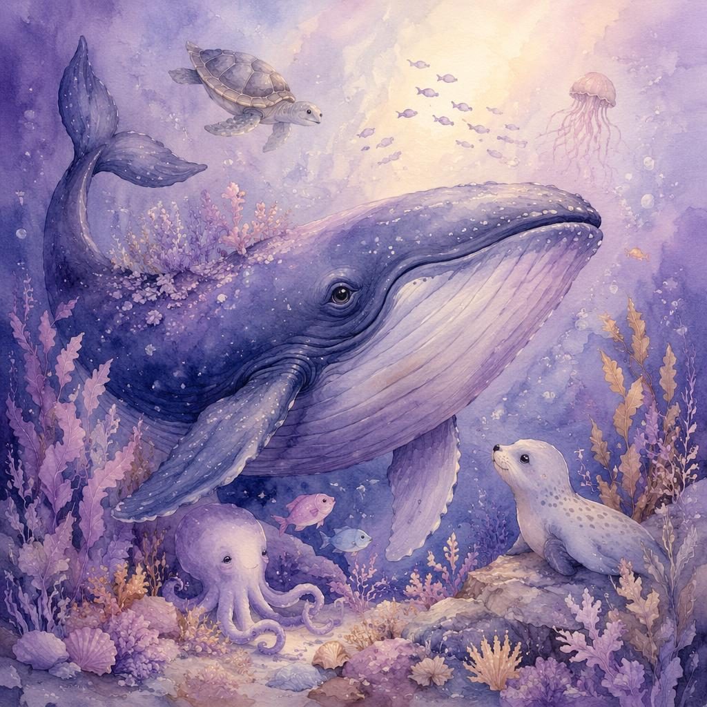 Watercolor children's book illustration of a friendly whale with ocean friends in a dreamy lavender sea.