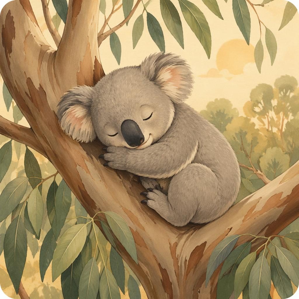 Ilustración infantil de un koala dormido entre hojas de eucalipto, con luz cálida y paleta vintage suave.