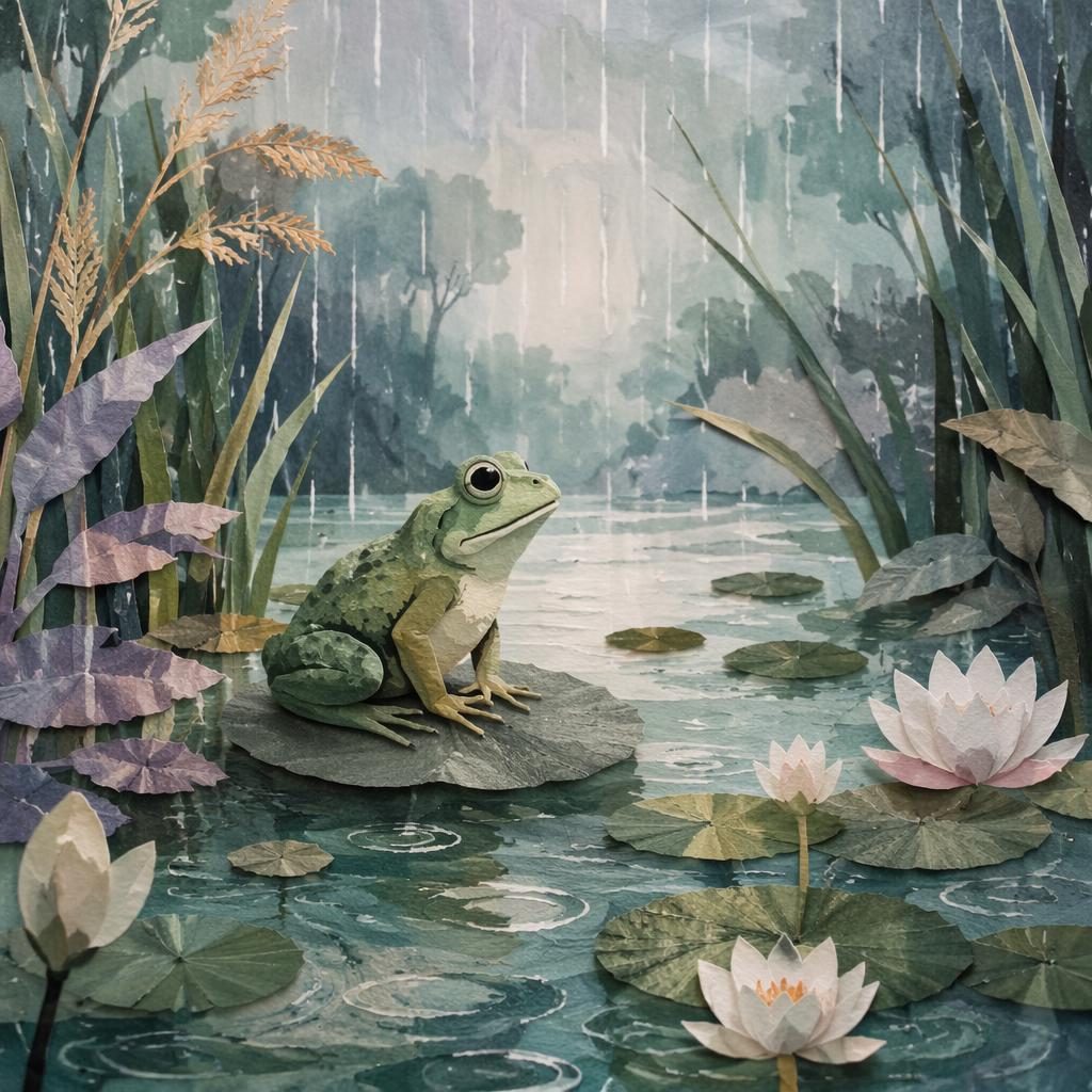 Illustration en collage papier d’une grenouille près d’un étang sous la pluie, palette pastel et ambiance rêveuse.