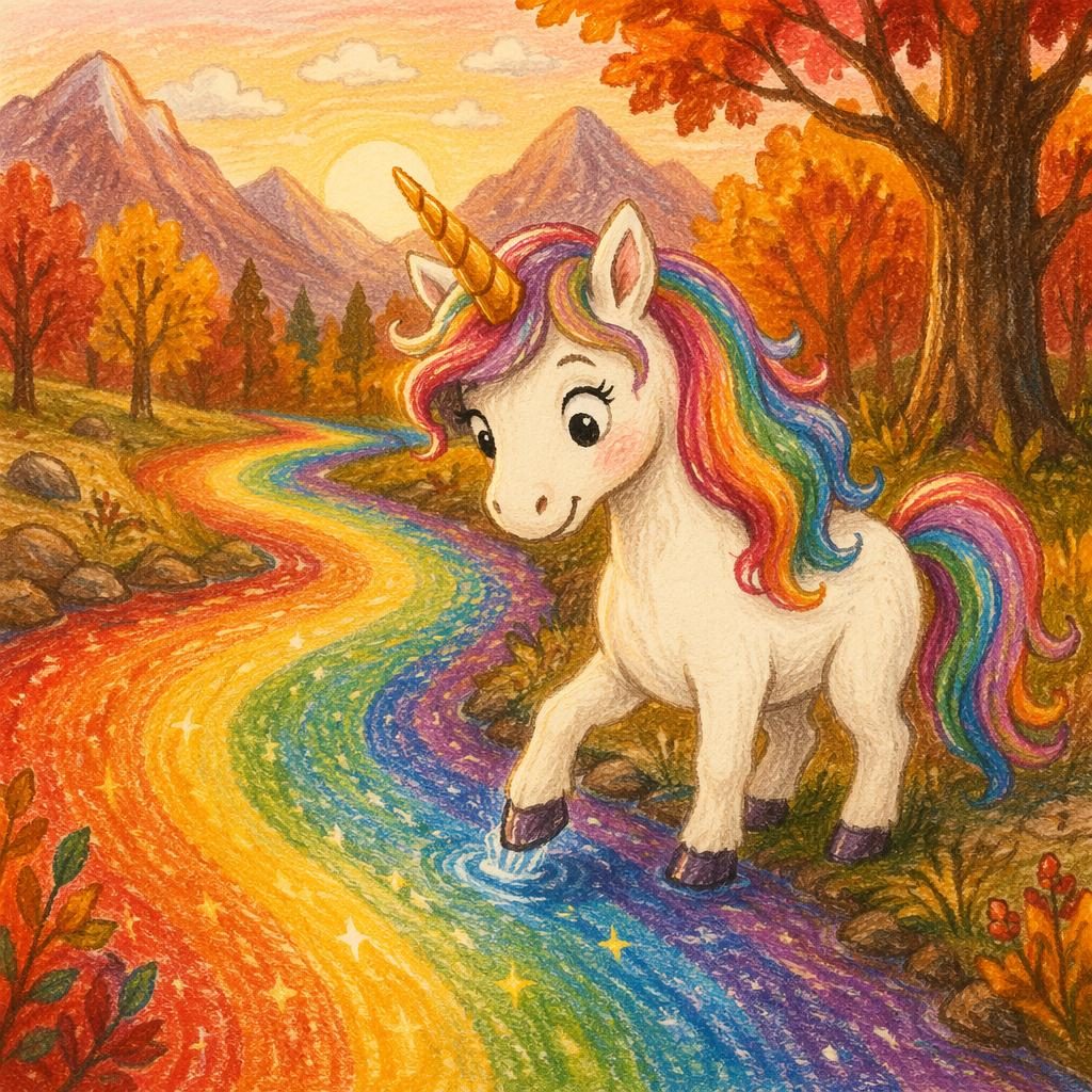 Ilustración infantil de un unicornio junto a un río arcoíris, estilo crayón, tonos otoñales y luz cálida.