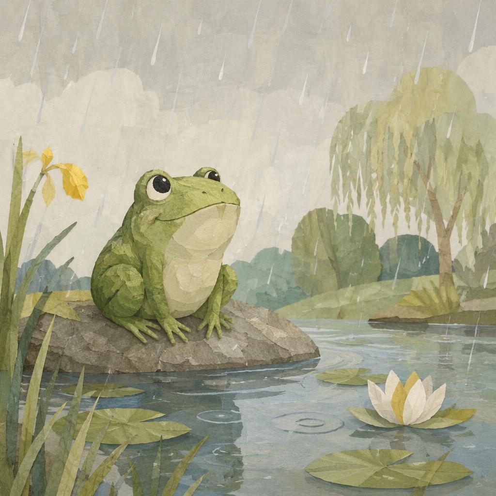 Paper-cut style frog by a rainy pond in soft pastel colors, cozy bedtime mood, warm storybook lighting.