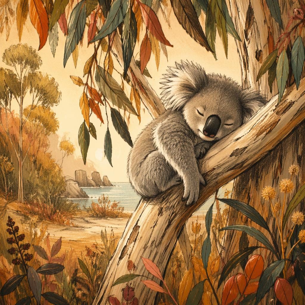 Hand-drawn crayon-style koala sleeping in a eucalyptus tree with warm autumn colors and soft storybook lighting.