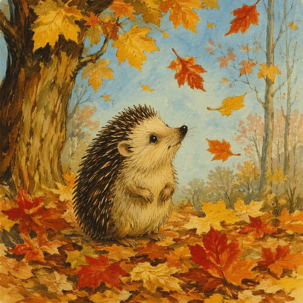 A retro 1970s-style hedgehog sits among bright autumn leaves in warm storybook light with a quiet, contemplative mood.