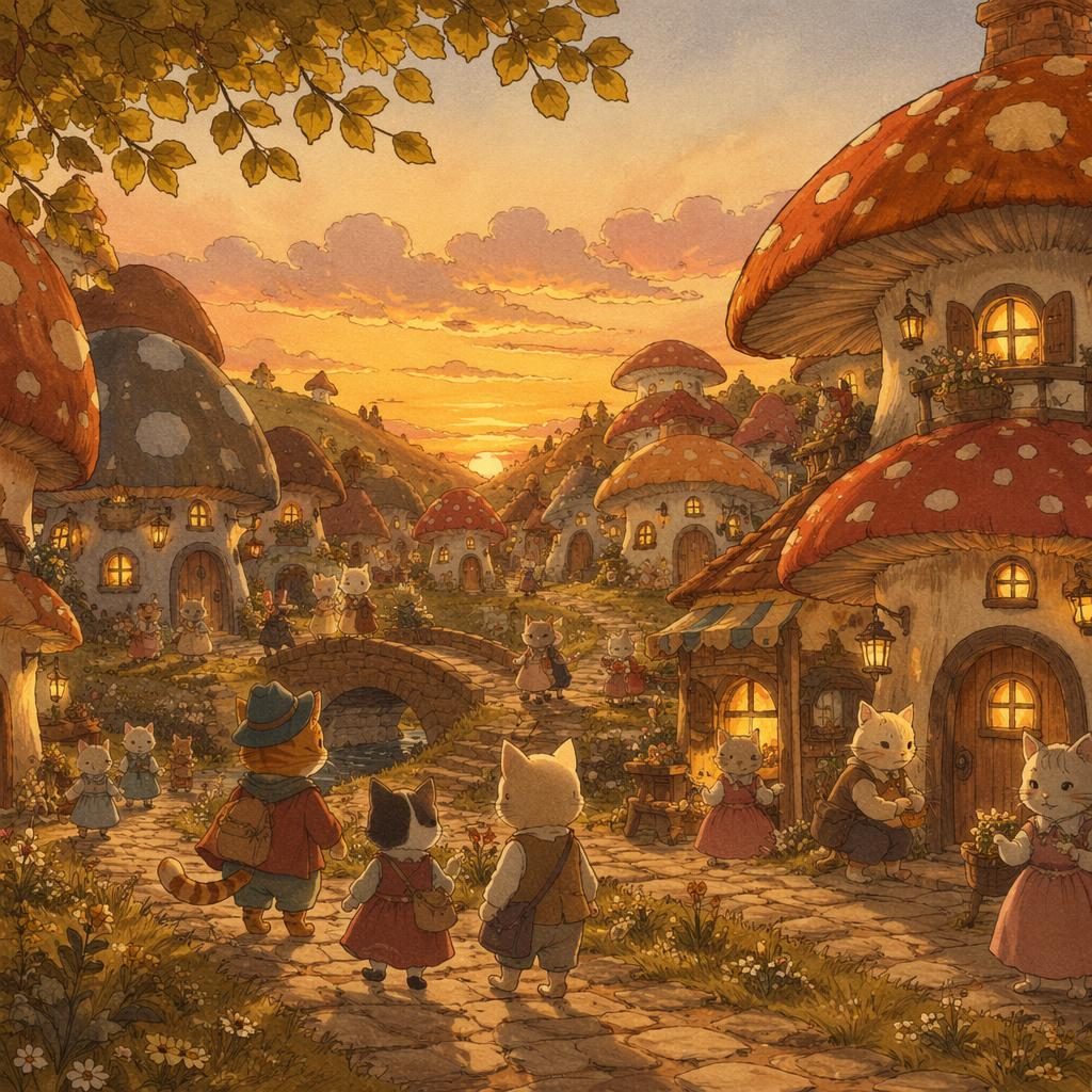 Whimsical fairy mushroom village at sunset with tiny cottages, warm lantern glow, and a gentle Ghibli-inspired storybook feel.